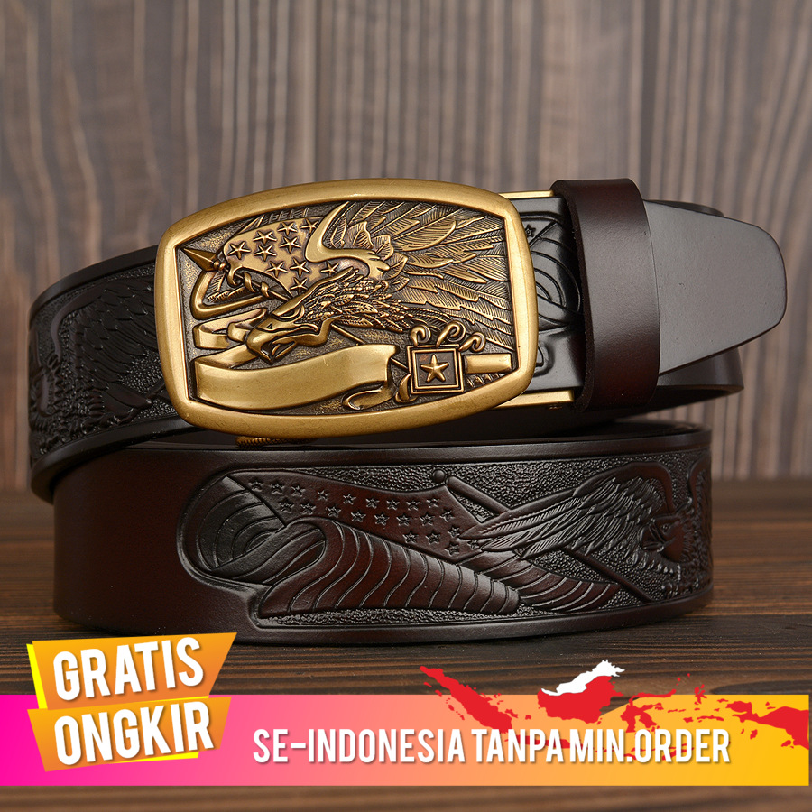 Ikat Pinggang Kulit Pria Auto Baru Yang Mengukir American Eagle Kulit Asli Sabuk Libur Pribadi