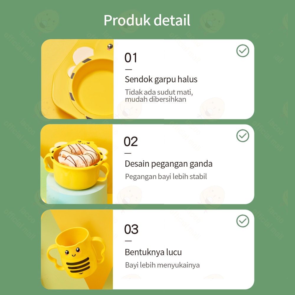 Lacoo Tempat alat piring makan bayi anak BPA free Peralatan makan bayi motif lebah lucu