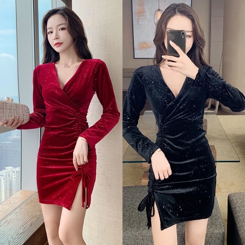 H7 MD14/195 Korean mini dress velvet blink2 panjang v neck belahan tali serut / bodycon dress / dress malam / gaun pesta