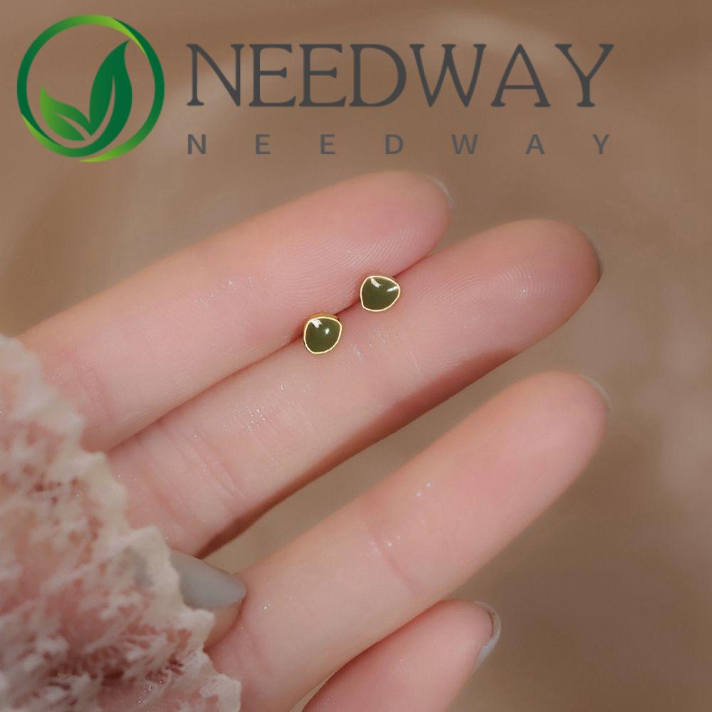 Anting Stud Mini Bentuk Tetesan Air Opal Geometris Warna Hijau Gaya Korea Simple Minimalis Untuk Wanita