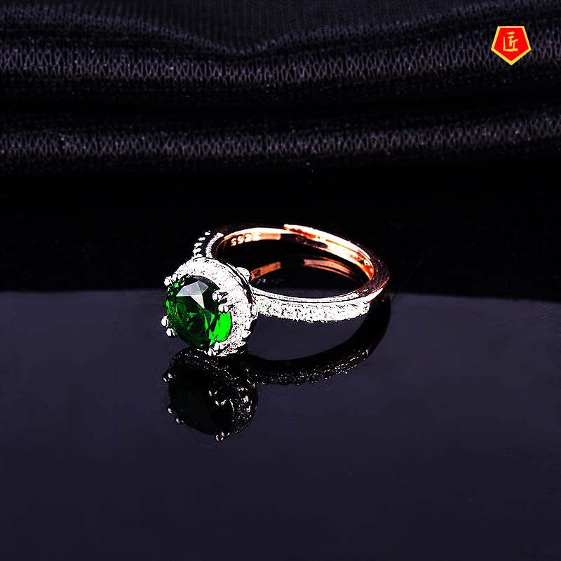 [Ready Stock]Inlaid Emerald Rose Gold Two-Tone Ring Ins Fashion