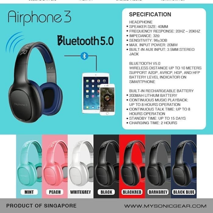 Headset Bluetooth versi 5.0. SonicGear Airphone 3 Wireless Strong Bass &amp; Clear Audio Resmi Original