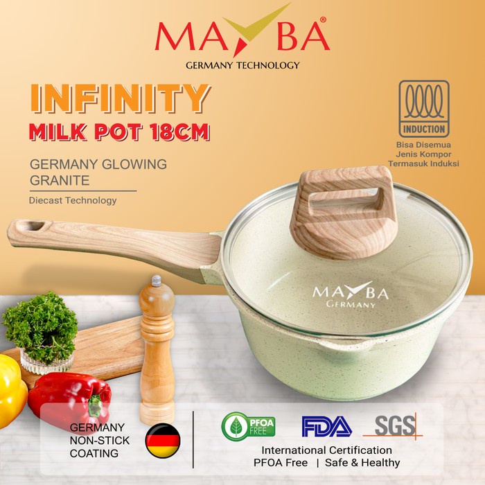 Panci Susu MAYBA Keramik Ceramic Milk Pot Mayba - PANCI SAUCE PAN INFINITY MAYBA GERMAN 18 CM Panci Susu Milkpan Set tutup kaca anti lengket Glowing granite Jerman