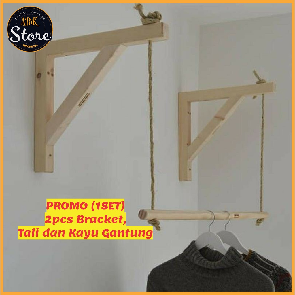 Organizer Lemari Pakaian | Gantungan Hanger Baju Gantung | Gantungan Baju Kayu Minimalis Tali (Set 1) - 60cm &amp; 100cm