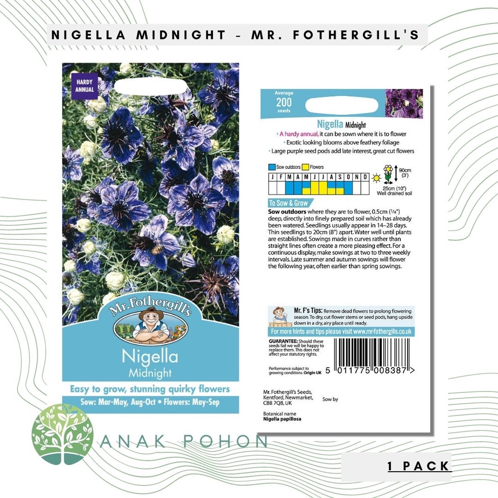 (1 PACK) Benih Nigella Midnight Seeds - Mr. Fothergill's - 200 Biji