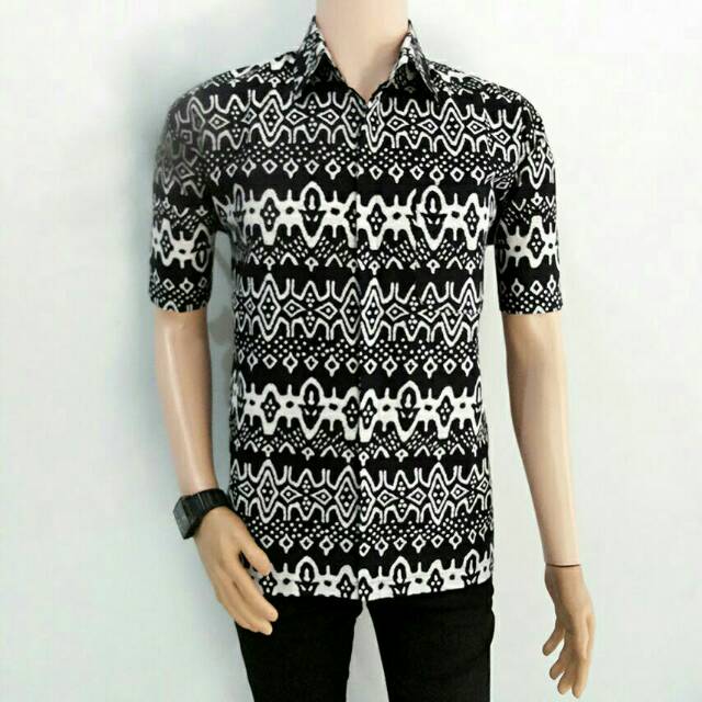 Baju Hem Kemeja Batik Atasan Pria Lengan Pendek Seragaman Monochrome Casual Reguler