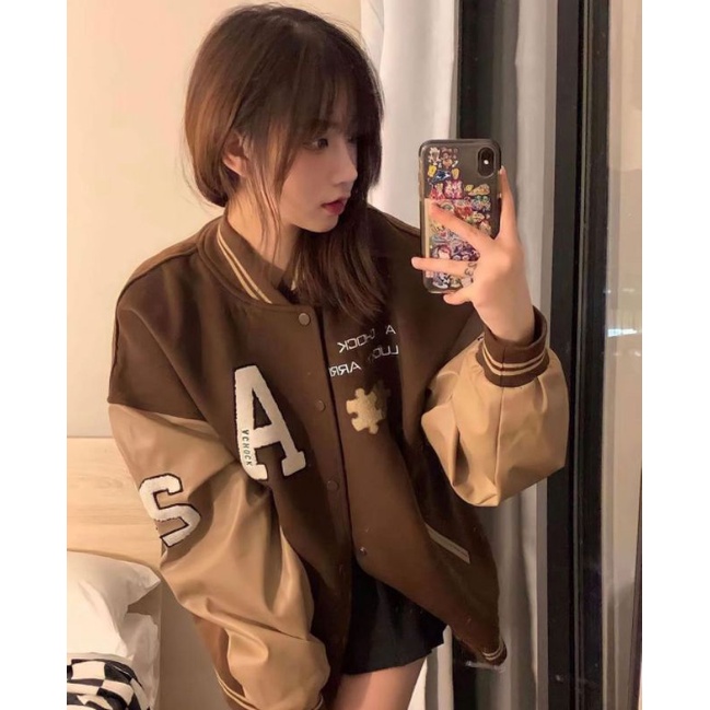 Achook Jaket Baseball Wanita Oversize Size M.L.XL | Jaket Varsity Baseball Wanita Oversize | Jaket Korean Style-7