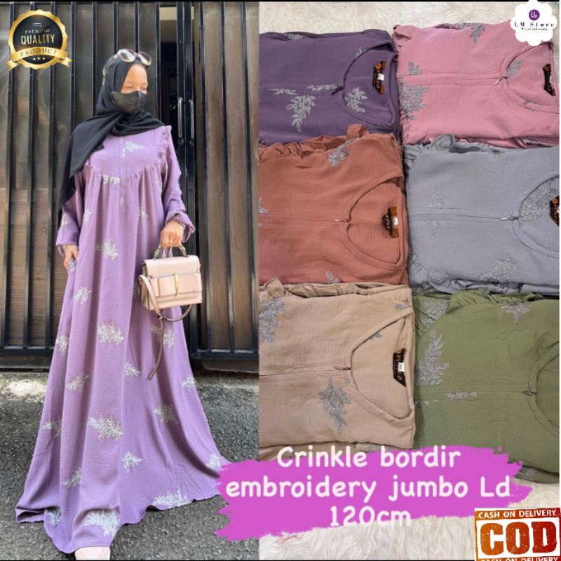 Gamis Jumbo Ld:120 Terbaru Premium Motif Bordir Silver Dress Humaira by Yunfa Cocok banget dipake bu