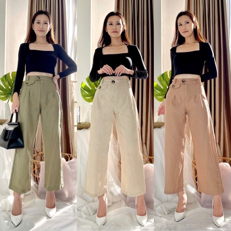 Highwaist Kulot Linen Pants - Variasi Tutup Saku - Pinggang Belakang Karet