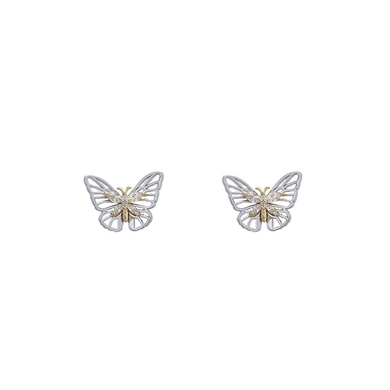 Anting Tusuk silver 925 Desain Kupu-Kupu Hollow Hias Zircon Untuk Wanita