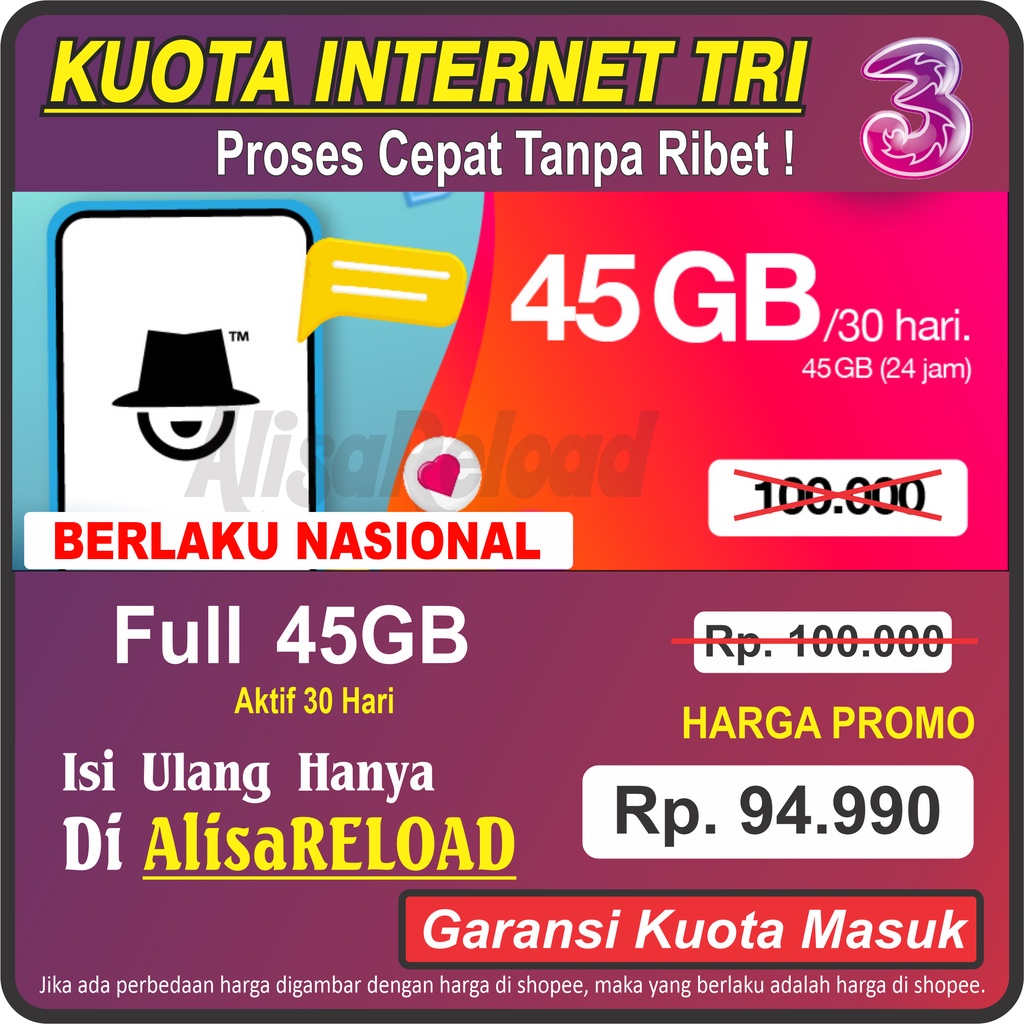 Promo Paket Data Tri Full 45GB | Kuota Internet Three Murah Terbaik 26GB