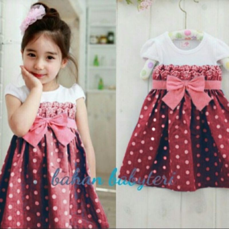  dress  dres anak  perempuan cewek polkadot pangkids maroon 