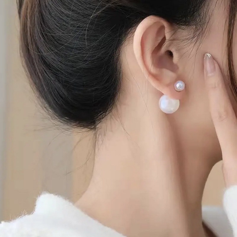 Anting Stud Desain Bola Mutiara Bulat Besar Dua Sisi Gaya Korea Untuk Wanita