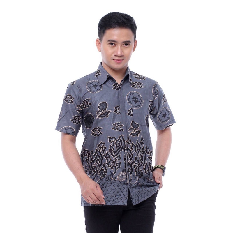 Batik Pria Lengan Pendek BATIK BERKAH HRB026 motif KERATONAN Kode 002 size M L XL-Mega bulat abu