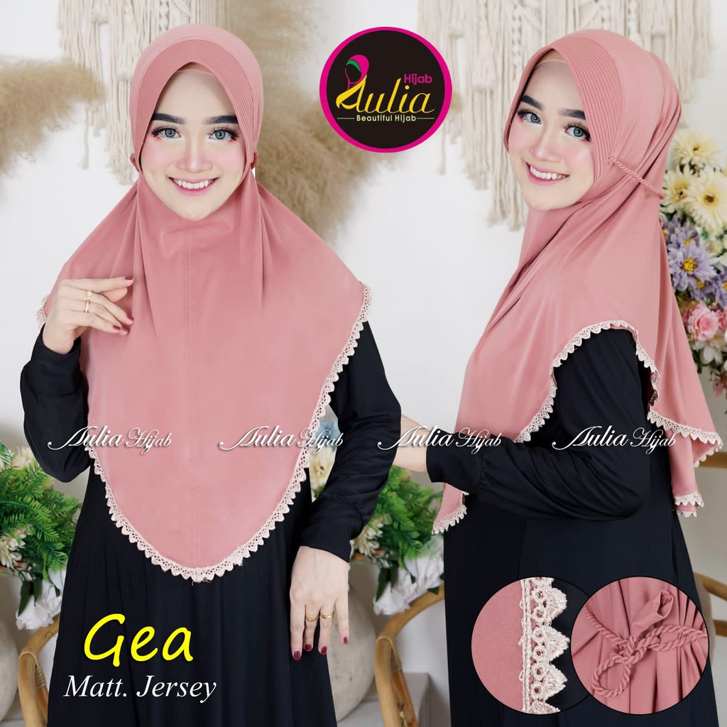 Jilbab Bergo Pet Gea/ Hijab Instan Tepi Renda/ Kerudung Bergo Khimar Ped Tali Kepang