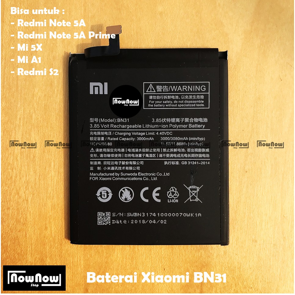 Baterai Xiaomi Redmi Note 5A - Note 5A Pro - Mi 5X - Mi A1 - S2 BN31 Original Batre Battery HP
