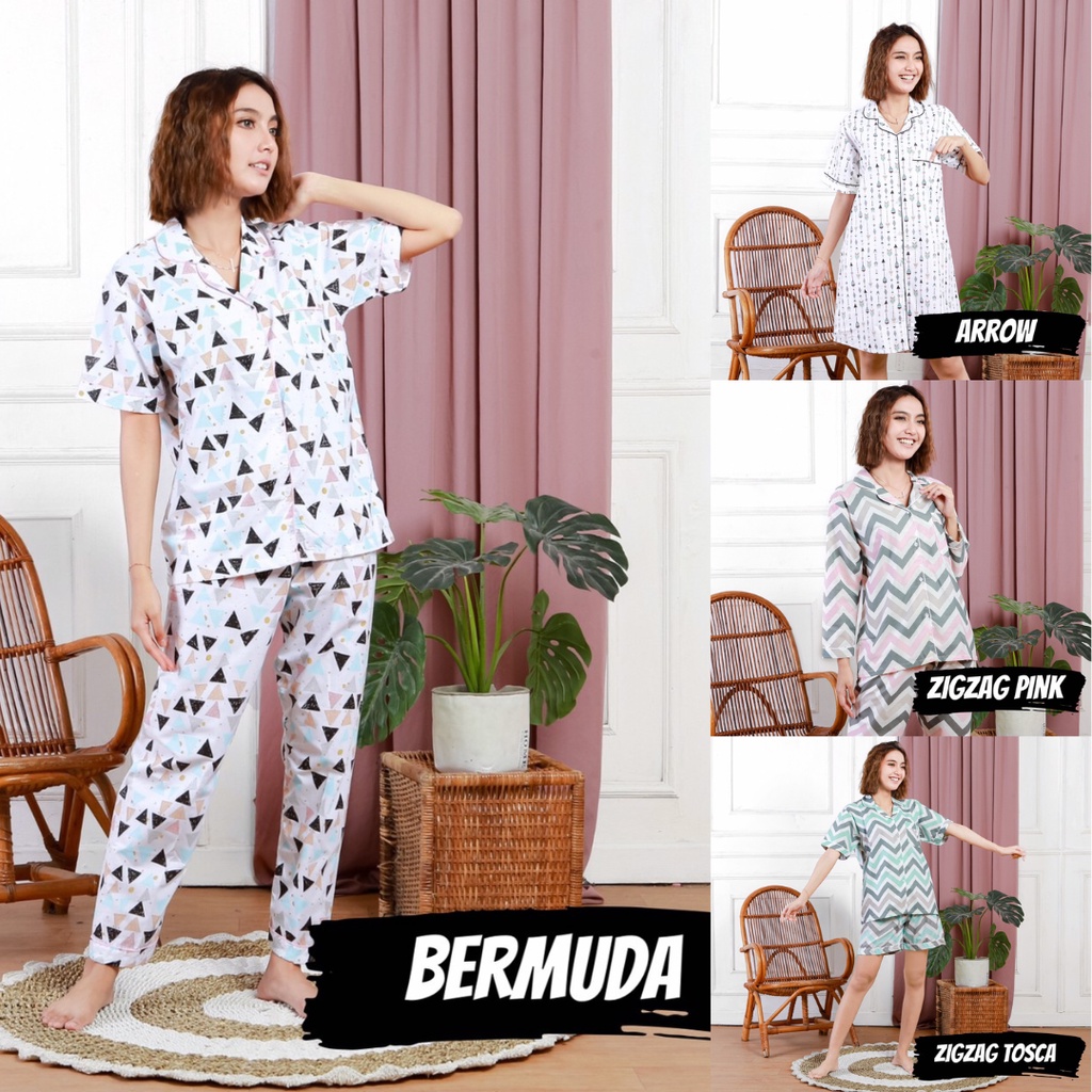 PIYAMA WANITA MOTIF ABSTRAK / KATUN Baju tidur busui sleepwear murah / BERMUDA ZIGZAG ARROW