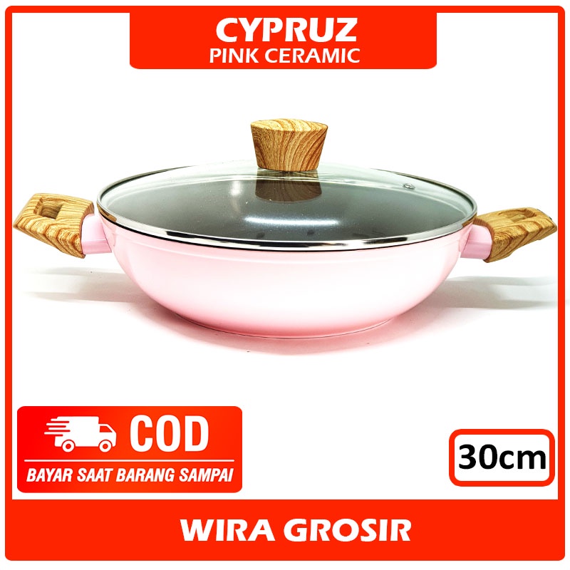 Cypruz Kuali + Tutup Kaca Pink Keramik 30cm | Wajan Anti Lengket | Penggorengan Induksi Ceramic