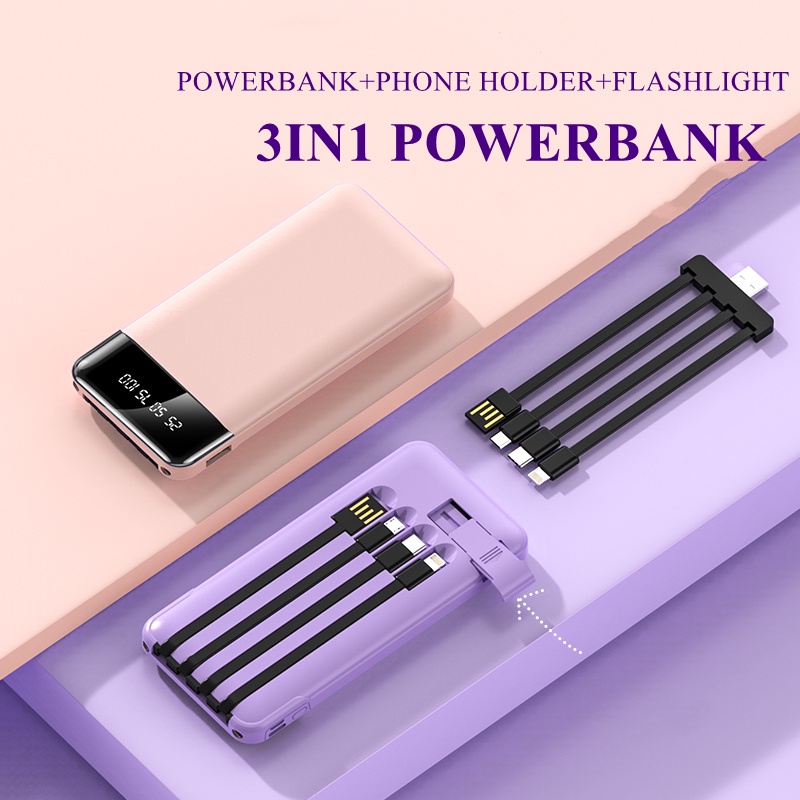 Power Bank 20000mAh Fast Charging with 4in1 Kabel Data Powerbank Real Capacity 5 Output 3 Input Type C LED Display