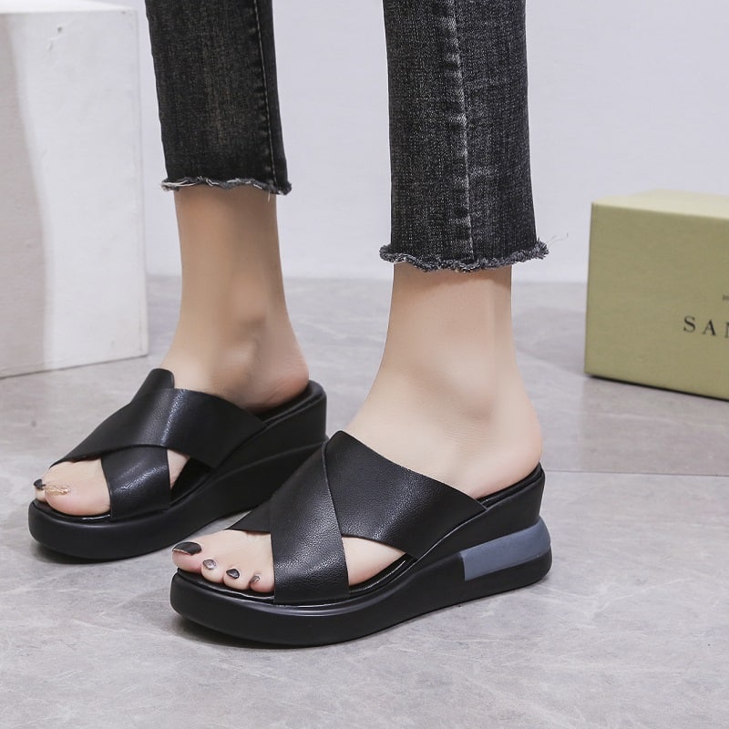 Sandal Wedges Wanita GO18 Sandal Hak Tinggi Tali Model X Import