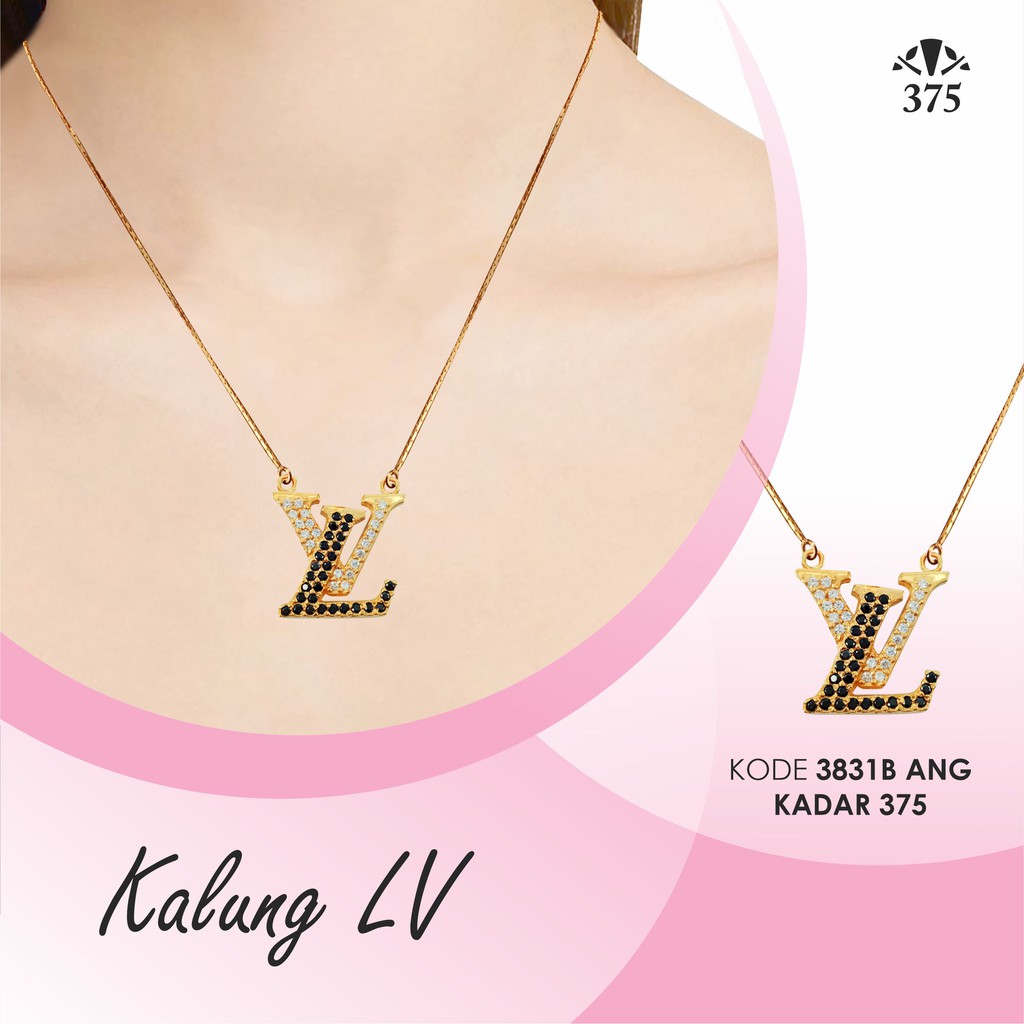 KALUNG DAN LIONTIN LV EMAS ASLI VARIASI BATU HITAM PUTIH KADAR 375