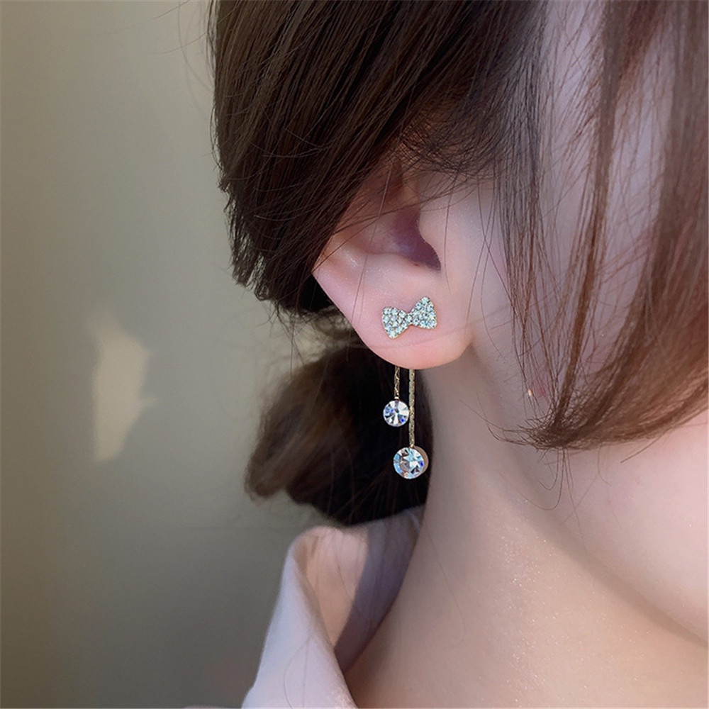 【aaoottuuoo5.id】woman fashion retro elegant Zircon bow star tassal chain earring ear stud jewelry