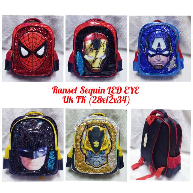 Tas Ransel Sequin import Led Eye/nyala lampu mata anak laki laki uk TK