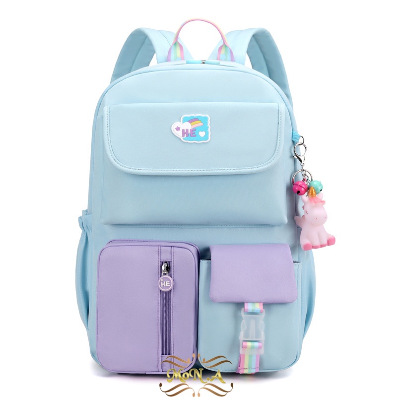 [MONA] TAS SEKOLAH RANSEL (FREE GANTUNGAN) ANAK SD/SMP/SMA CEWEK WARNA SOFT PASTEL CANTIK LUCU WATERPROOF (TAHAN AIR) M0180 - KUALITAS  IMPORT PREMIUM BIRU