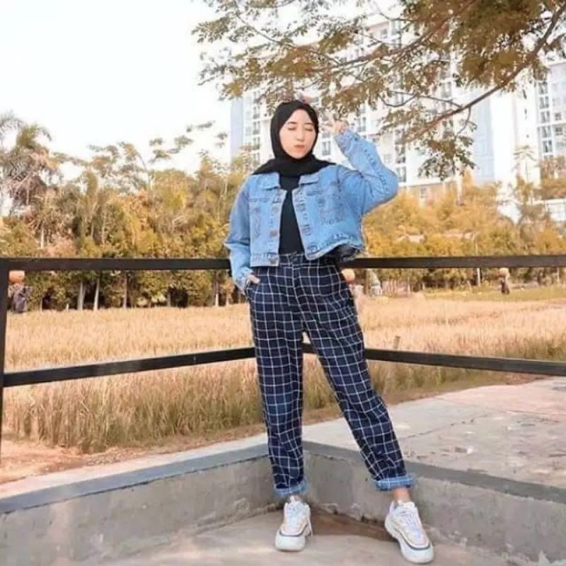 baggy pants kotak/tartan/pants wanita/celana panjang wanita/celana wanita