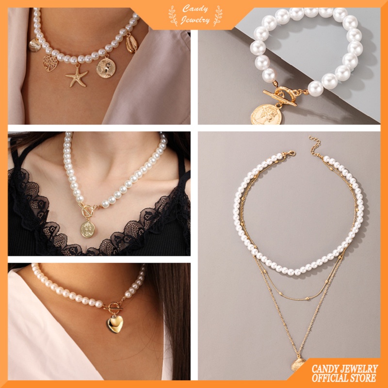 Kalung / Gelang Tangan Rantai Gaya Retro Korea Aksen Koin + Mutiara + Kerang Untuk Perhiasan Wanita