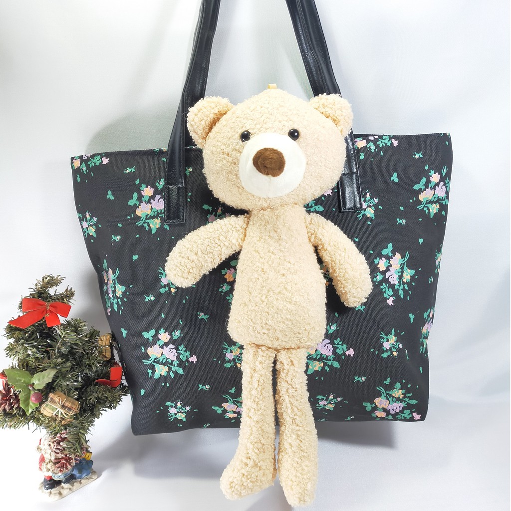 Tas Tote Bahu Shoulder Bag Wanita Ukuran Besar Boneka Bear Beruang Kanvas Motif Bunga Impor