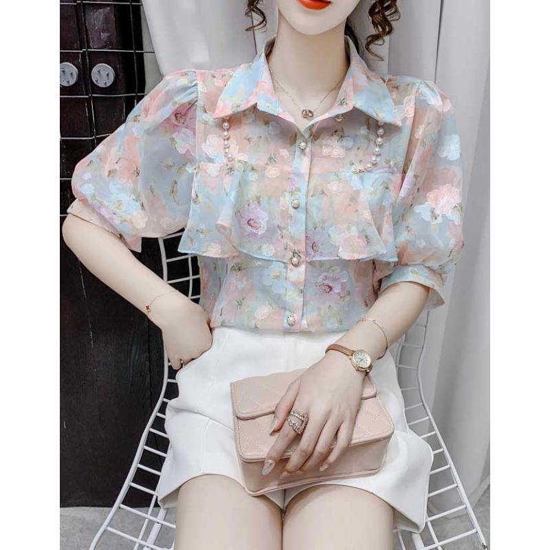 Blouse atasan wanita  motif warna rame sifon mutiara Korea lengan pendek elegant