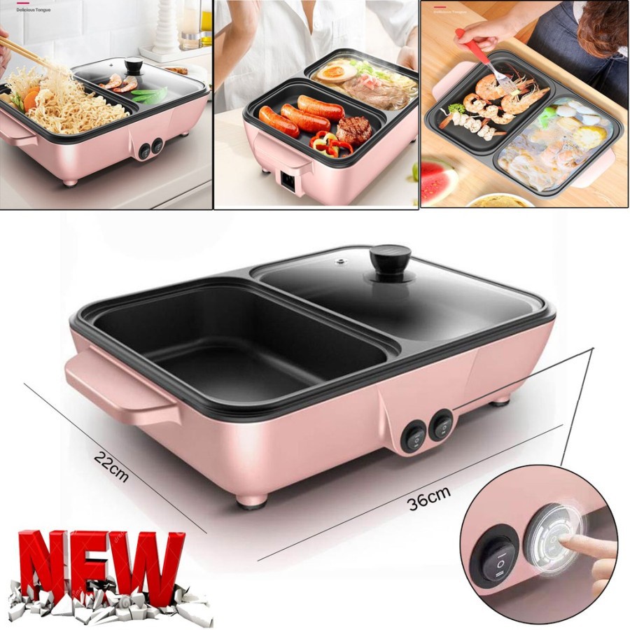 Multifungsi Elektrik Grill Fan Dan Hot Pot 2IN1 Mini Steambot BBQ Shabu-Shabu Multi-Function Set Non Stick Pot Panggangan Cook Fry Tahan Panas