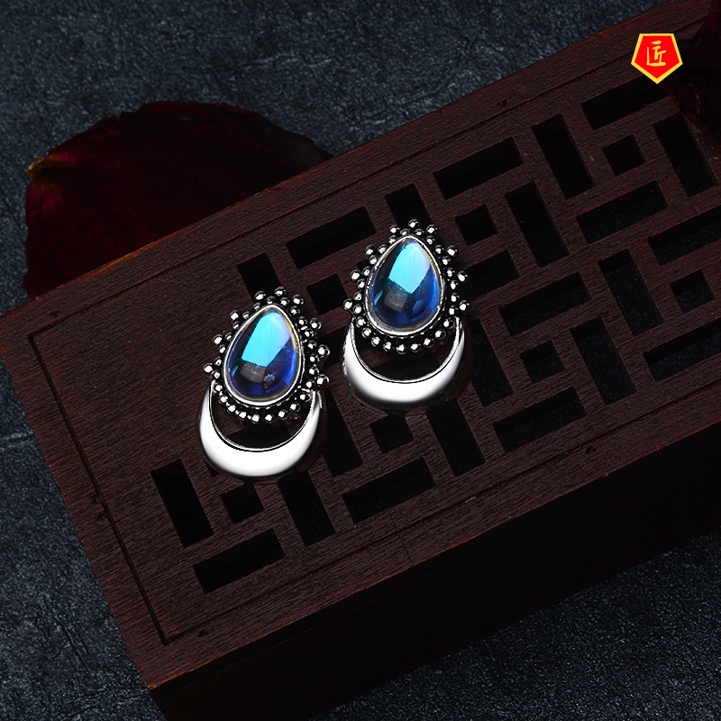 [Ready Stock]New Moonstone Vintage Silver Crescent Earrings