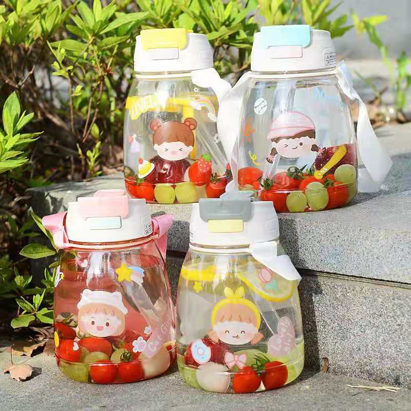 Botol Minum Anak Big Belly Children Cup Bottle + Sticker / Cangkir Air Minum Besar 1100ml + Sedotan + Tali