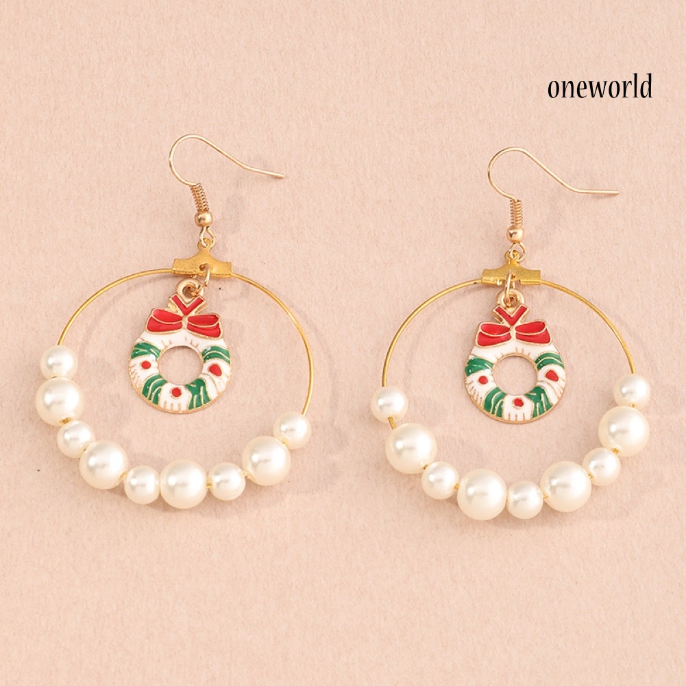 OW# Women Christmas Tree Elk Eardrop Faux Pearl Geometric Hoop Earrings Xmas Gift