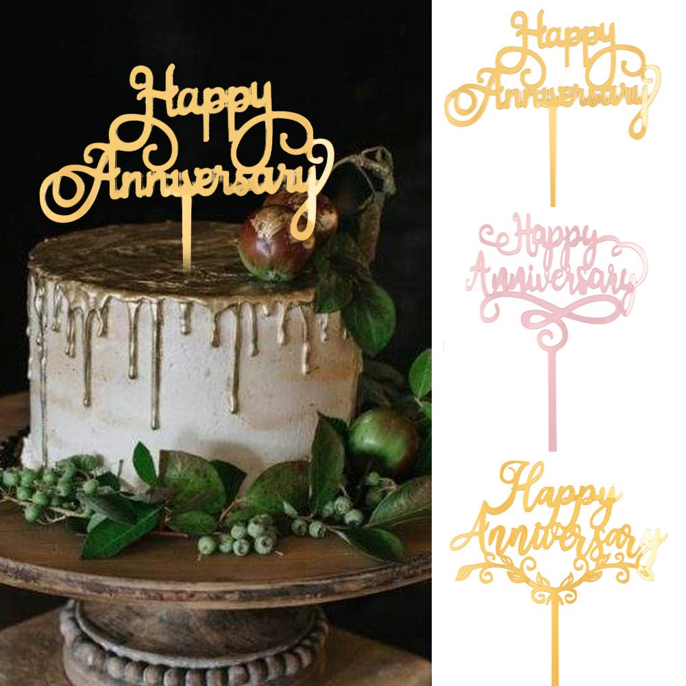 Topper Kue Bahan Akrilik Motif Tulisan Happy Anniversary Warna Emas Dan Silver