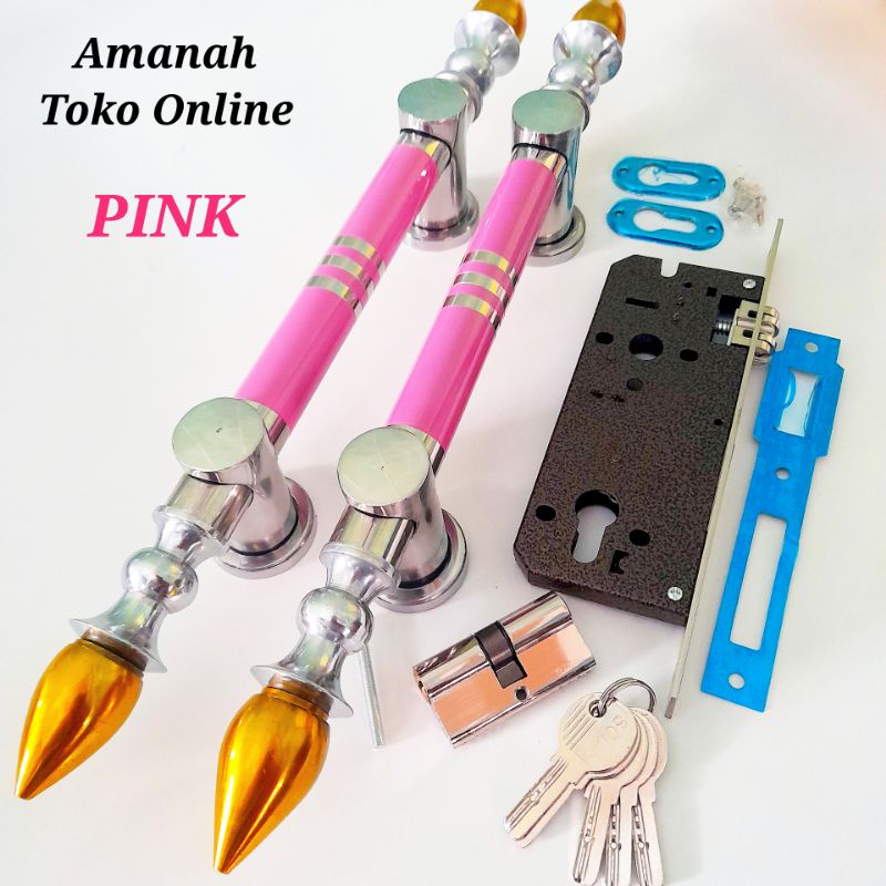 2 handle + kunci / Gagang pintu rumah stainless Handle pintu PINK  45cm sawo