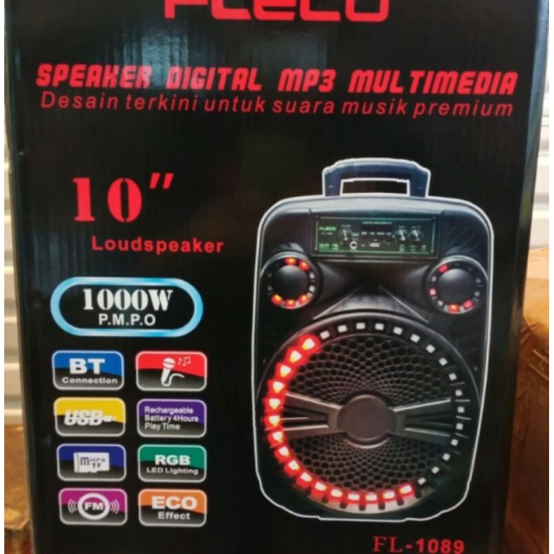 Cod Speaker Metting Fleco F-1089//Speaker Bluetooth Karaoke Free mic+Remot 10inch Bass