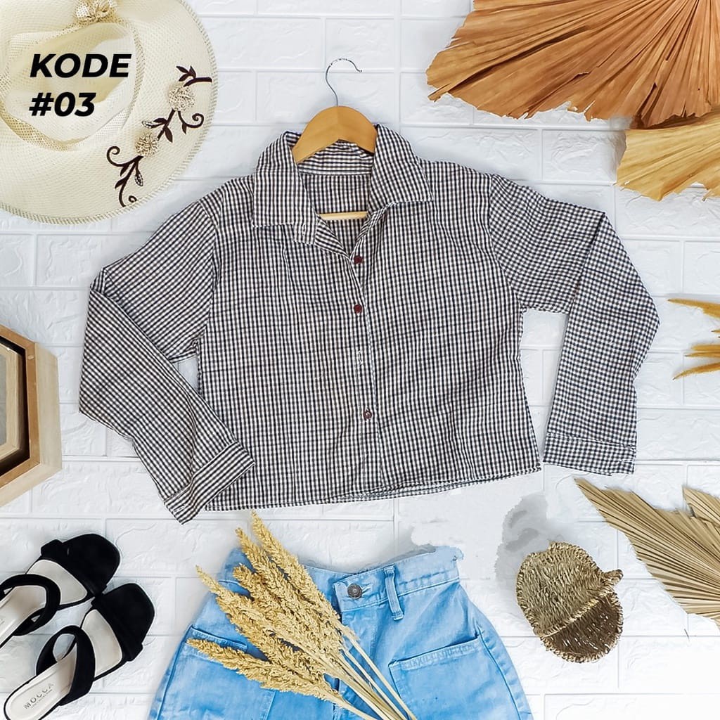 Tq88indonesia Fashion Baju Kemeja  Wanita Lengan Panjang Terbaru / Kem  Beesy Crop Tartan Shirt / Tartan Outer Crop / Hem Kotak  Cewek / Ootd / Kemeja Santai