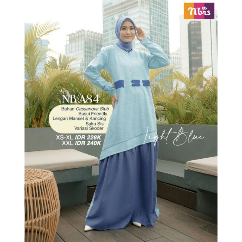 Gamis Nibras NB A84 Warna Biru Muda Light Blue Bahan Katun Baju Terusan Busui Casual Syari Branded