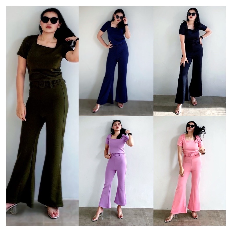 Setelan Fashion Wanita Scuba Celana Cutbray Free Belt 5 warna Lengkap / Atasan fashion Wanita Crop S
