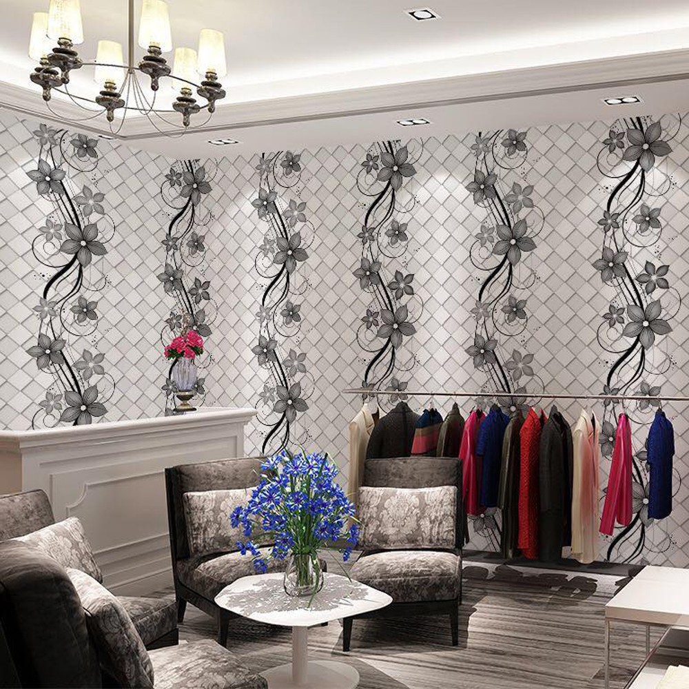 Wallpaper Dinding Motif Bunga Hitam Kotak Abu 3D