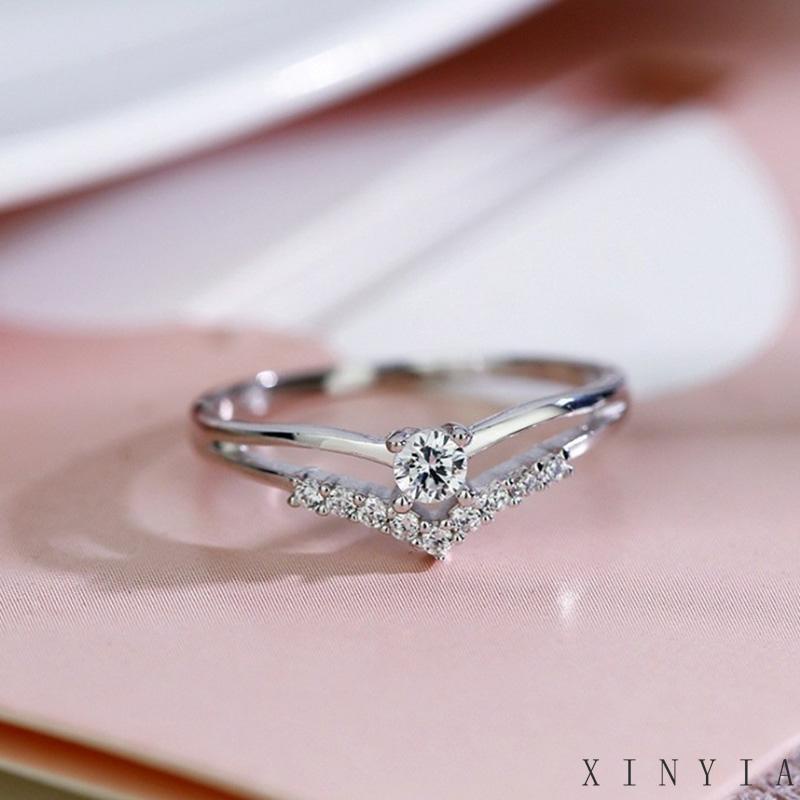 Xia.id Cincin Tunangan Alloy Simple Hias Zircon Aksesoris Pengantin Wanita