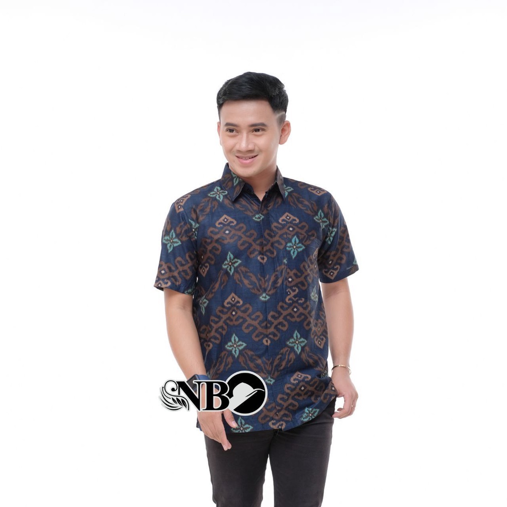Batik Pria Lengan Pendek BATIK MURAH HRB026 motif TERBARU 2021 Kode 002 size M L XL XXL BIG SIZE 3L 4L 5L 6L Reguler Fit-Songket biru