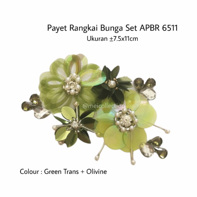 payet rangkai bunga 3D sequin permata sage green hijau APBR6511 7cm 11cm transparan olivine set