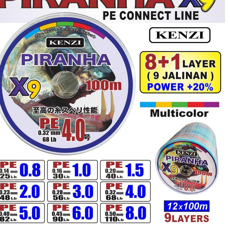 Terlaris.. Senar Pancing Kenzi Piranha X9 Multicolor PE 0.8 ,1,1.5,2,3,4,5,6,8 100 M