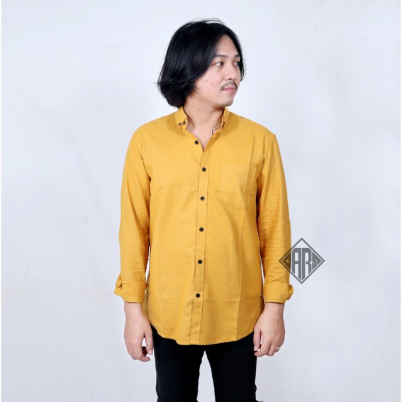 kemeja polos pria lengan pendek dan lengan panjang kuning mustard kunyit murah jumbo slimfit premium