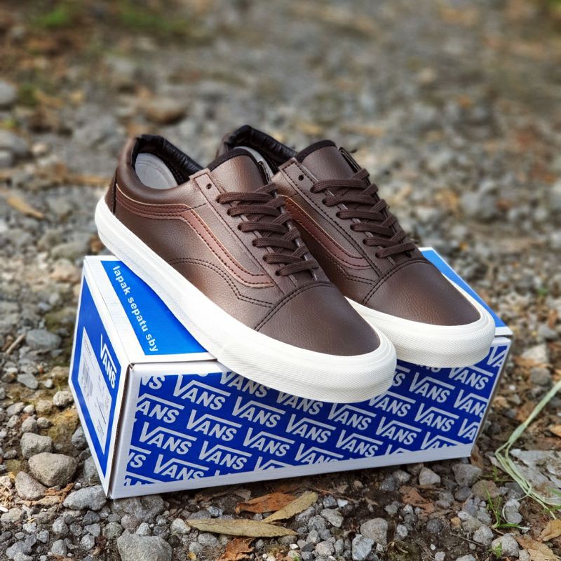 Sepatu Casual Pria Vans Old Skool Leather Kulit PREMIUM BNIB Coklat Tua