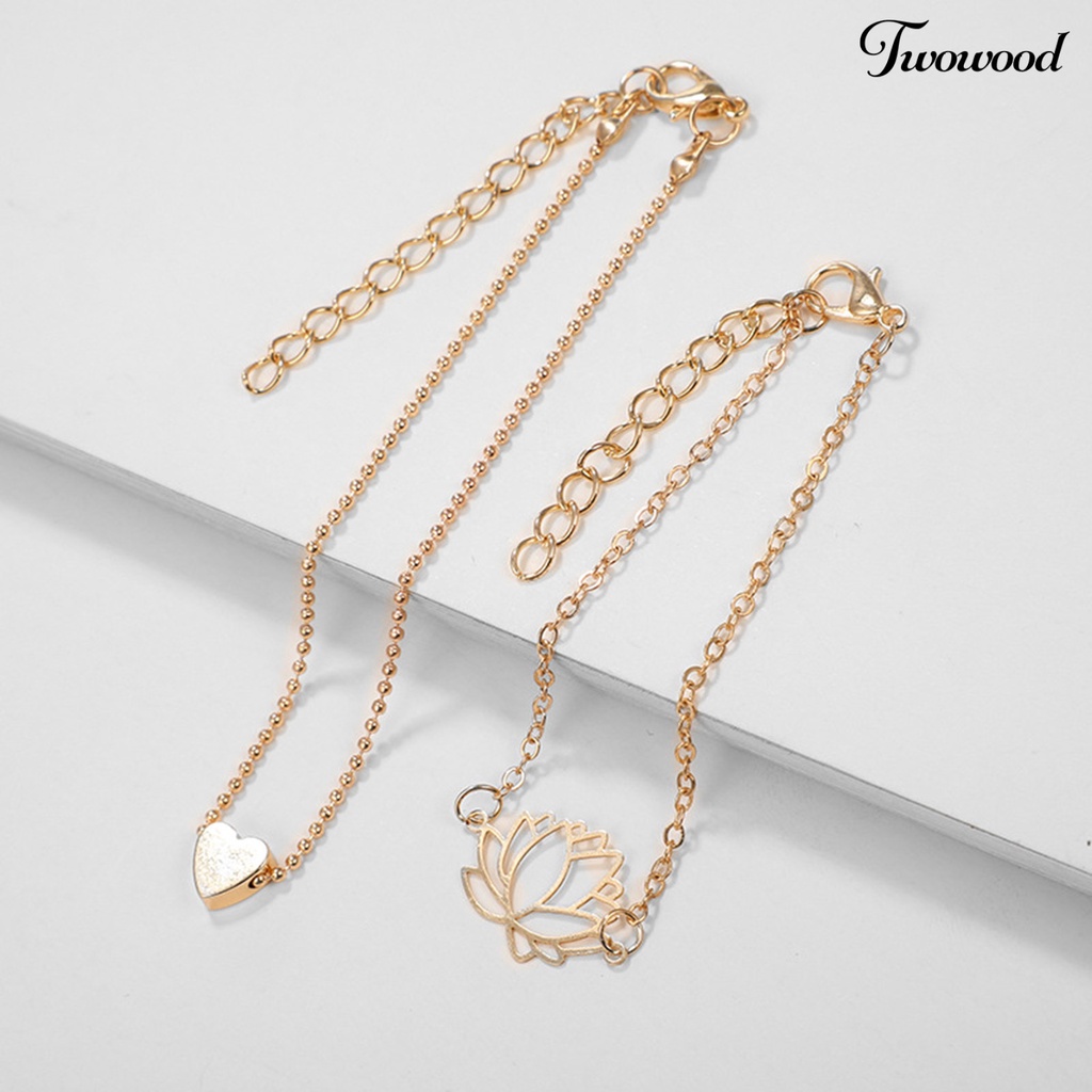 Twowood 2Pcs/Set Lotus Pendent Hollow Out Women Anklets Double Layered Heart Pendent Adjustable Chain Anklets Foot Jewelry